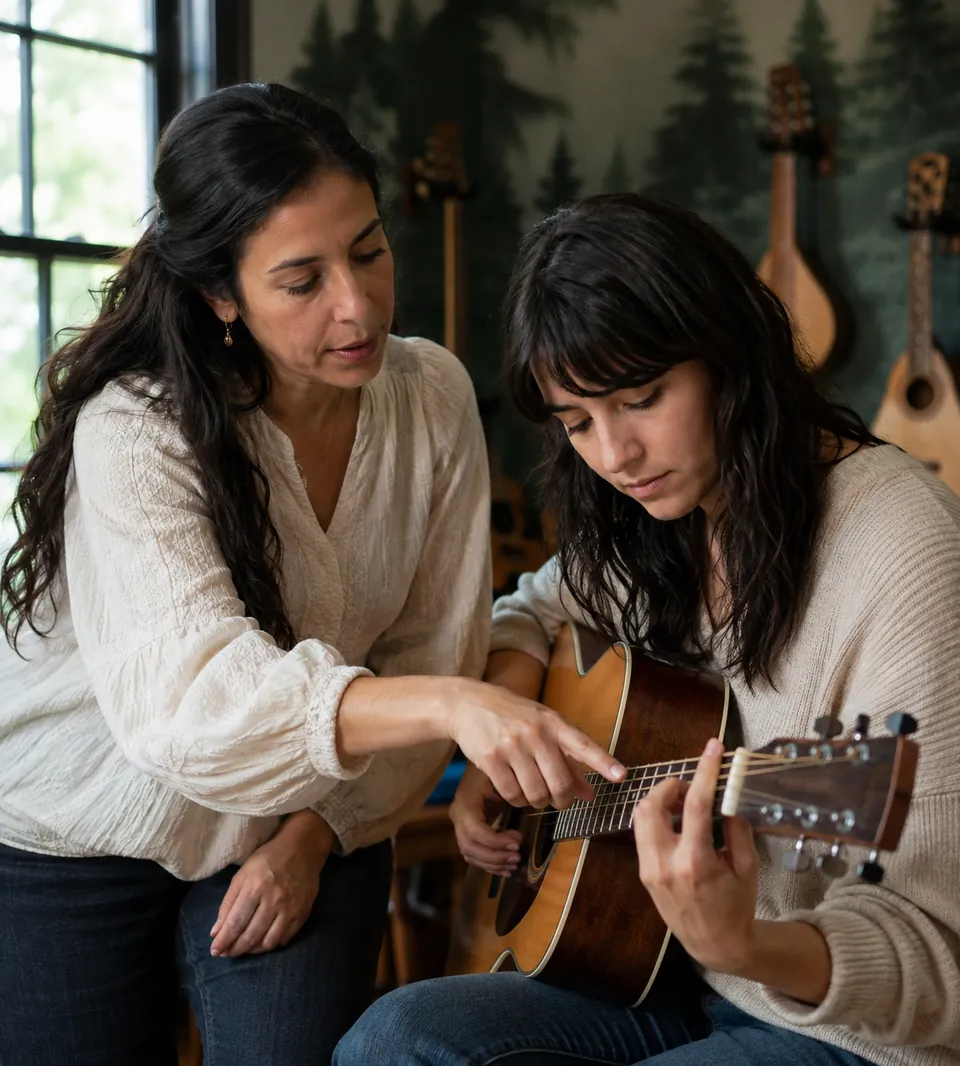Profesora enseñando guitarra a un estudiante en una clase individual