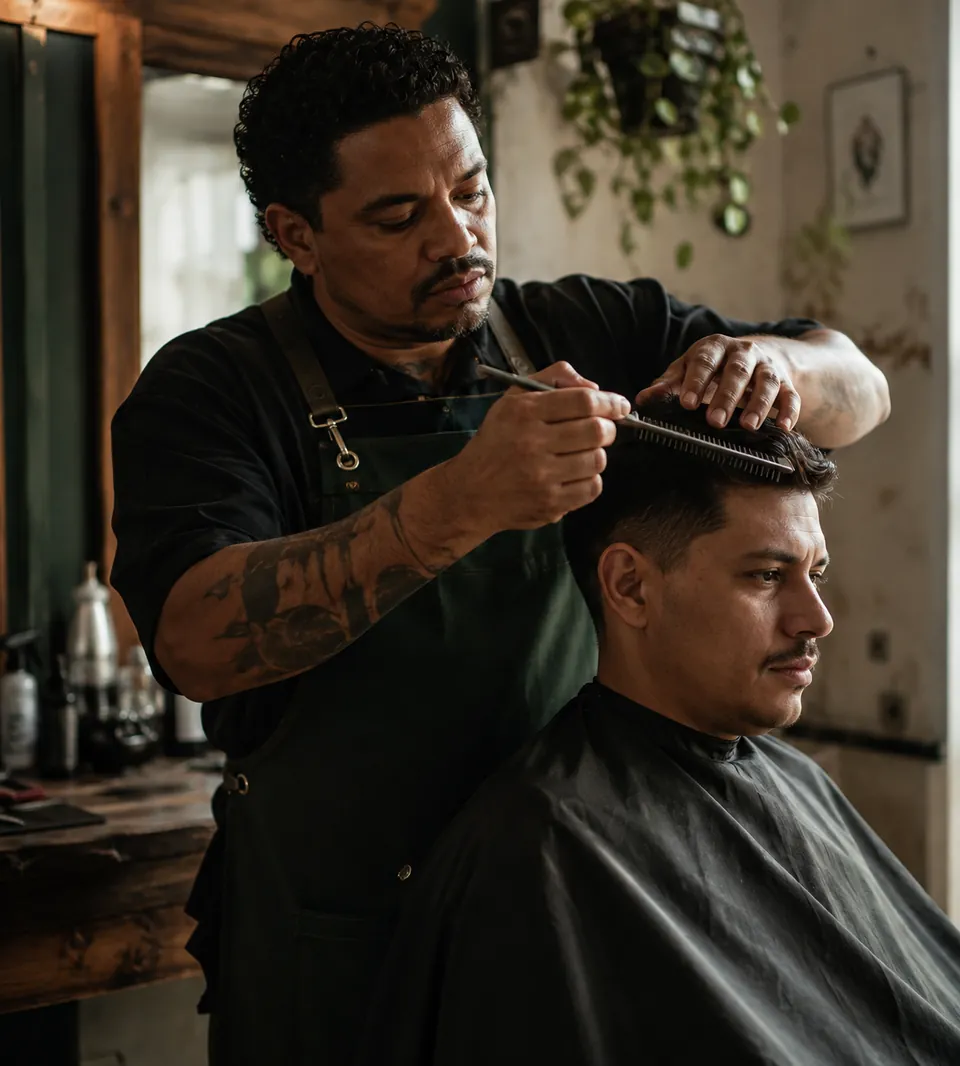 Barbero cortando el cabello de un cliente con tijeras y peine