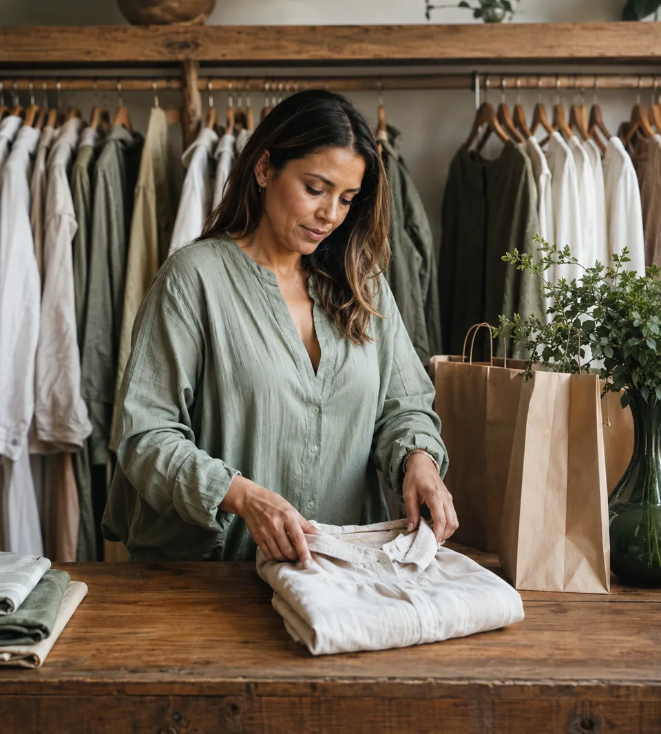 Dueña de una boutique doblando una prenda junto a una bolsa de papel en el mostrador
