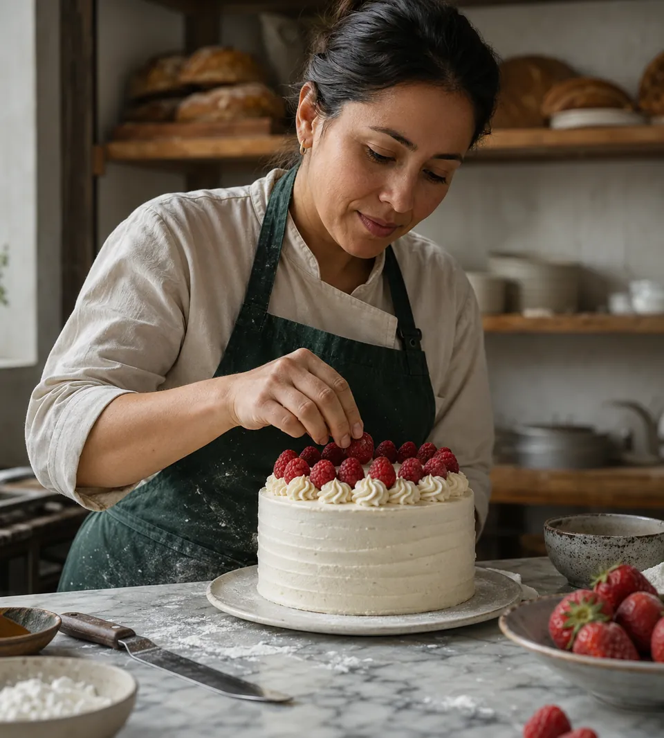 Pastelera decorando una torta con frambuesas frescas en su cocina