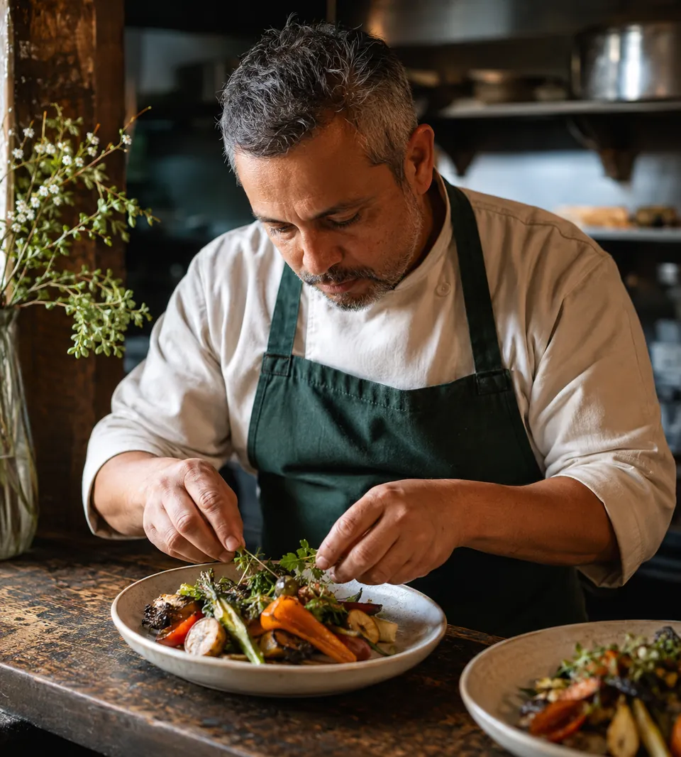 Chef emplatando un plato en la cocina de su restaurante