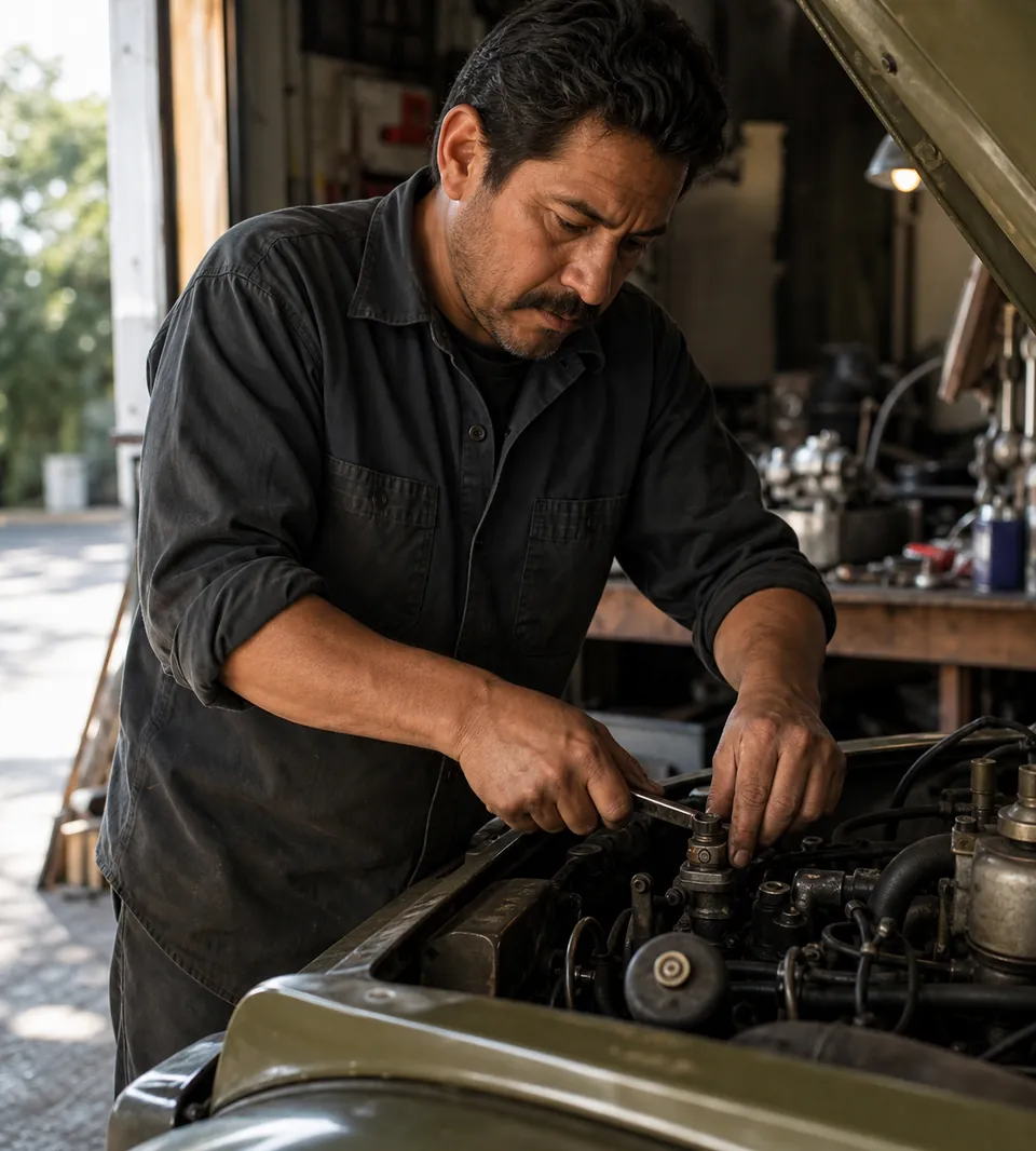 Mecánico revisando el motor de un carro en su taller