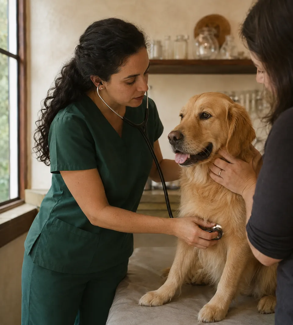Veterinaria auscultando a un perro con estetoscopio junto a su dueño